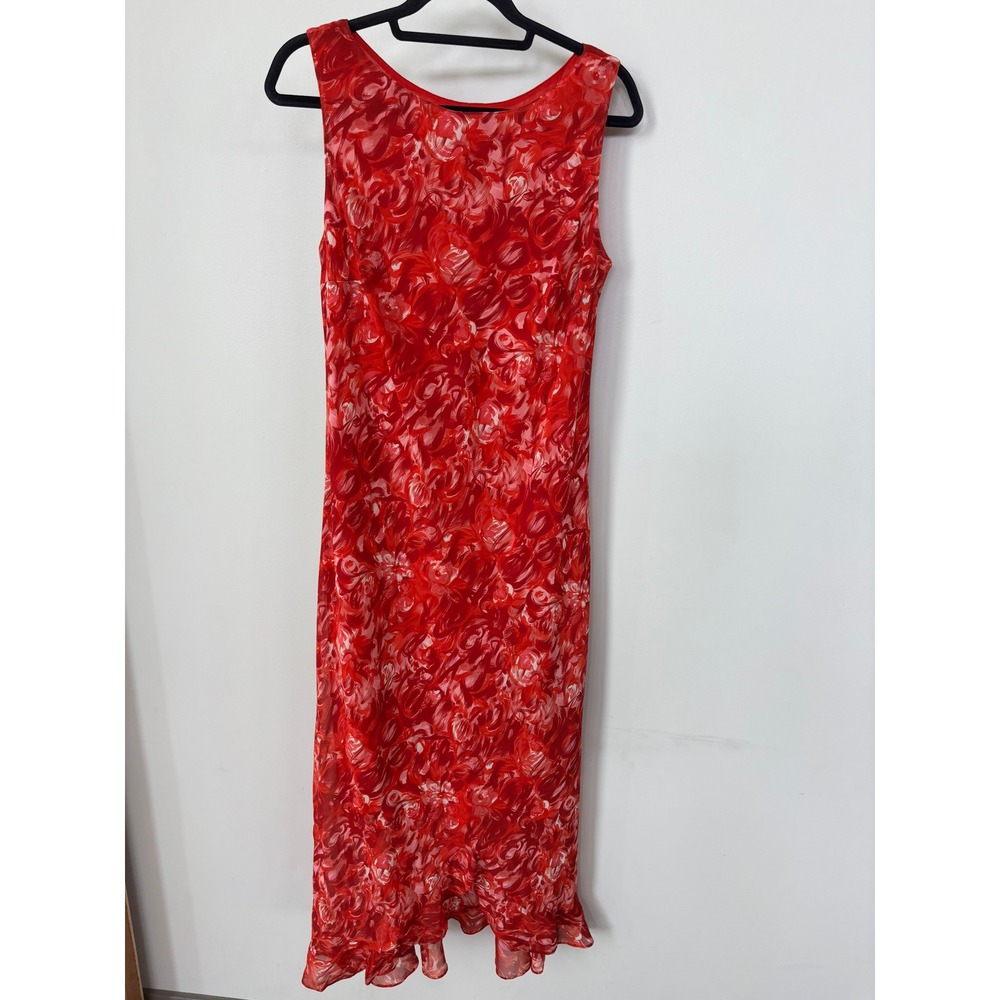 Dressing Clio Red Floral Mesh Ruffle Midi Dress Sleeveless Abstract Rose Size 12